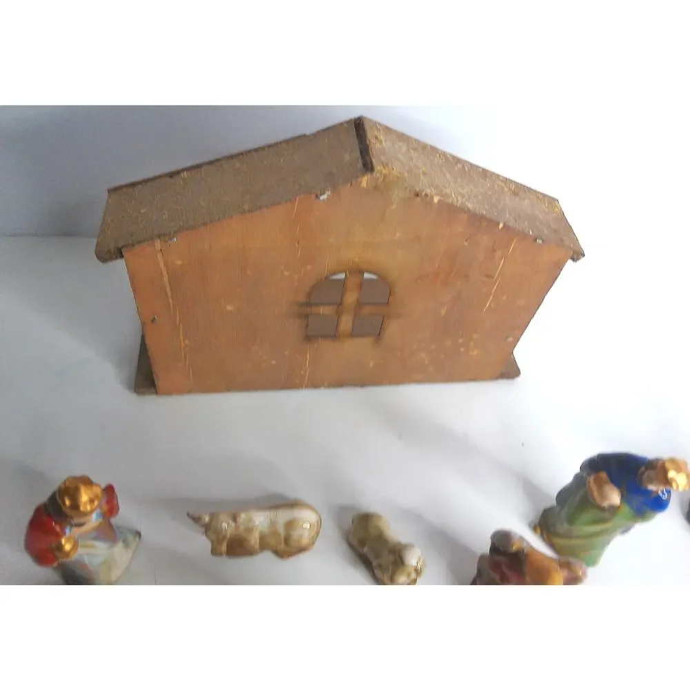 Vintage Nativity Scene Set 9pc Hand Painted Figures With Wood Manger